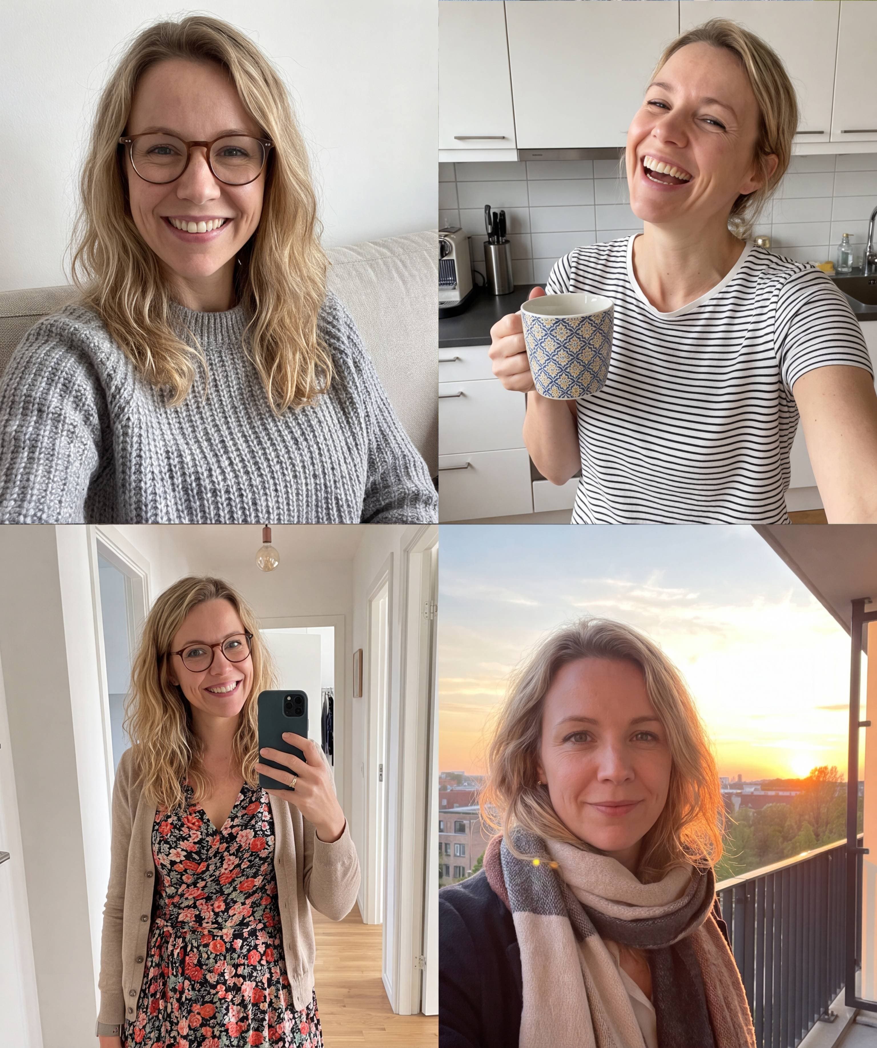 Vier Beispiel-Selfies mit verschiedenen Blickwinkeln und Lichtverhältnissen