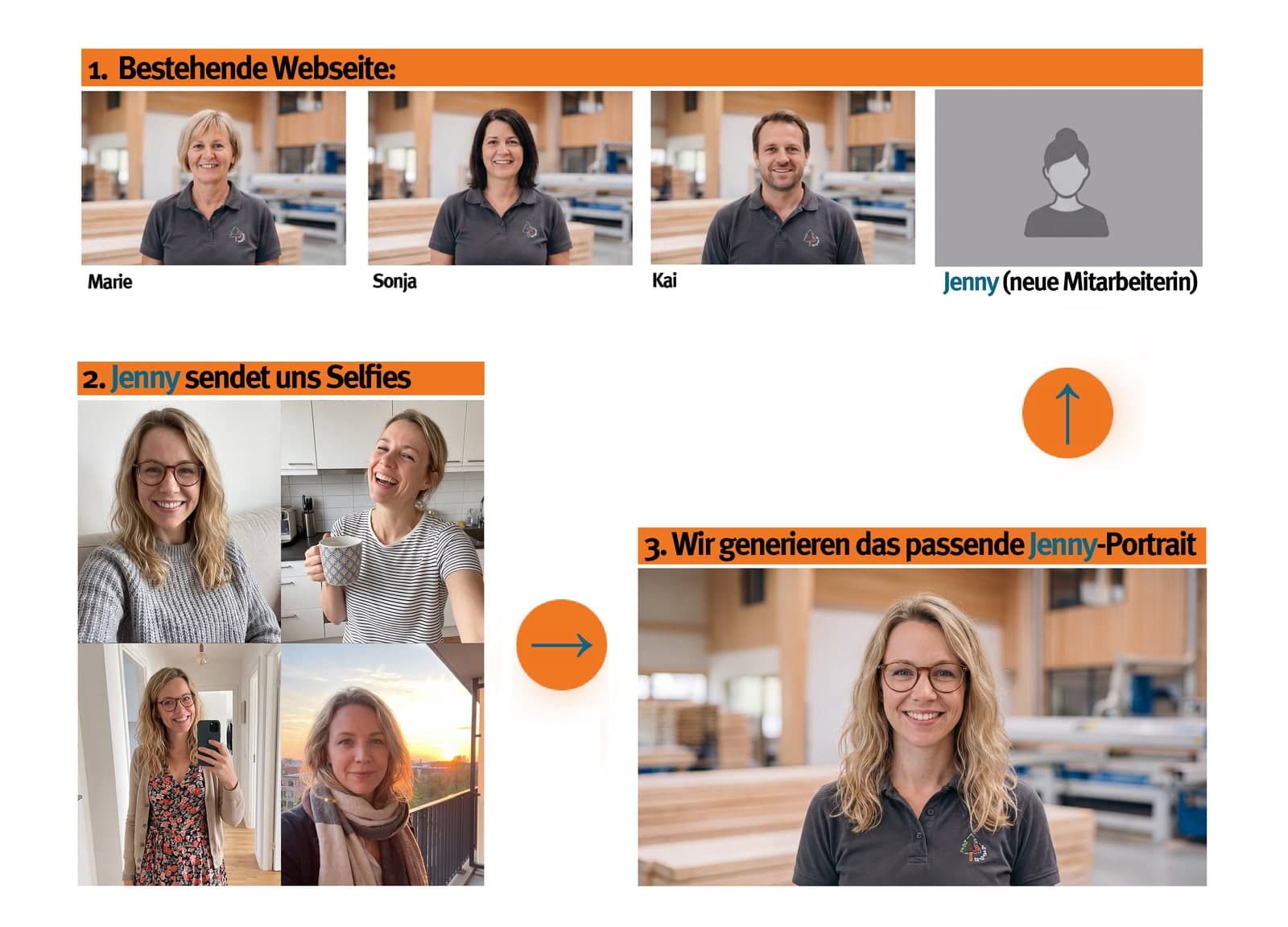 Jenny sendet Selfies, aus denen ein passendes Portrait für die bestehende Teamseite generiert wird